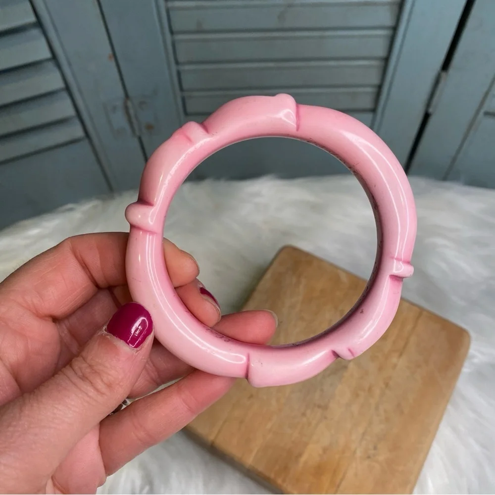 Vintage Signed Acrylic Overdyed Bangle Carved Design Pink L. Copart